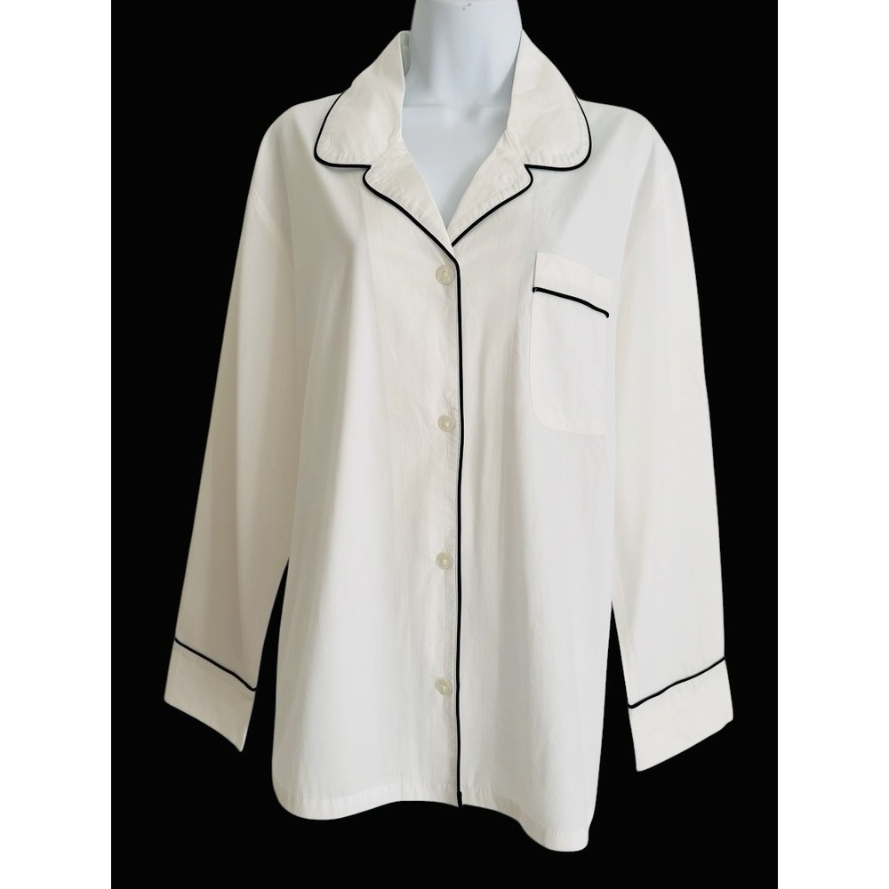 Quince Women Pajama Top Shirt L White Black Piping Organic Cotton Poplin Button - Picture 3 of 10